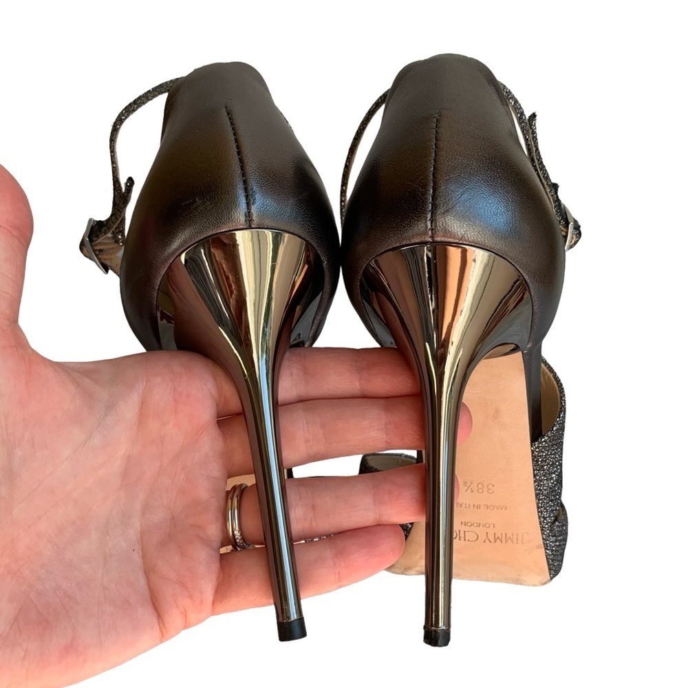 Jimmy Choo Tyne Asymmetrical Anthracite Silver Glitter Lamé Bridal Sandal Heels - Picture 11 of 15
